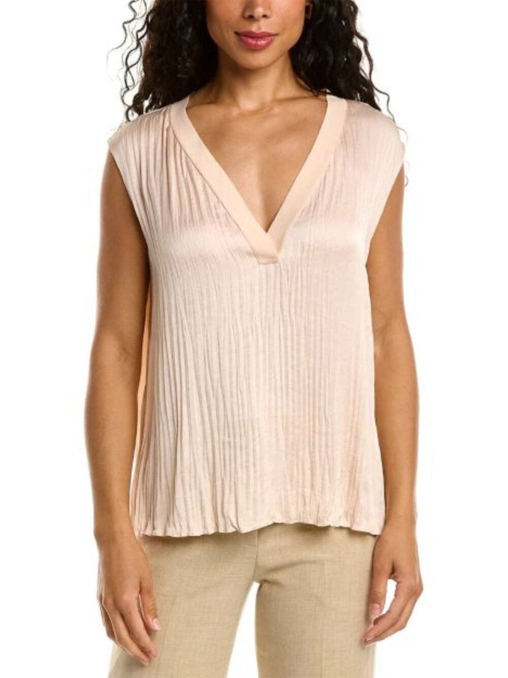 Vince Pleated V-Neck Sleeveless Camisole in Light Blush